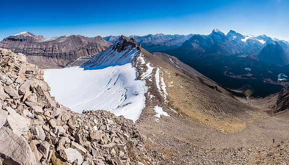 Our ascent gully at lower right and the Pipestone Towers at center looking much easier than they proved to be.