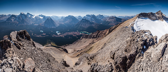 All three Red Deer Lakes visible here with Pipestone Mountain looming impressively at far right.