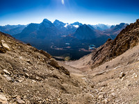 Looking back down the huge SE gully towards the Red Deer Lakes. Douglas, St. Bride, Lychnis and Oyster Ridge at center.