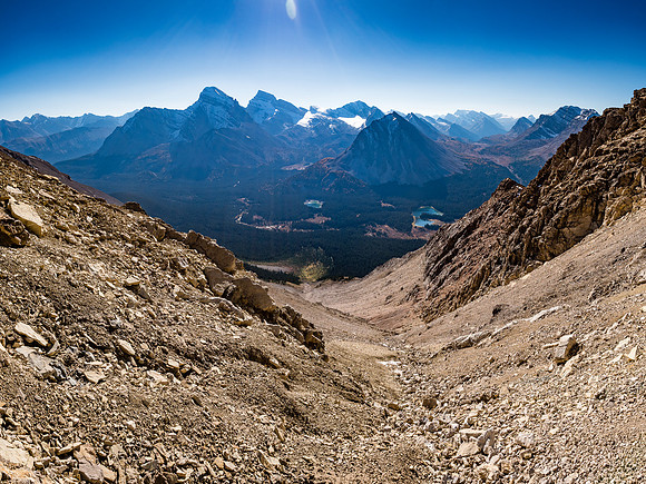 Looking back down the huge SE gully towards the Red Deer Lakes. Douglas, St. Bride, Lychnis and Oyster Ridge at center.