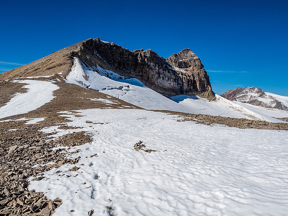 Impressive views of Pipestone Mountain from the col.