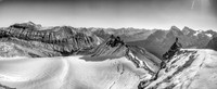 Phil enjoys great views over the Drummond Icefield towards Mount Drummond at left and the Pipestone Towers at center.