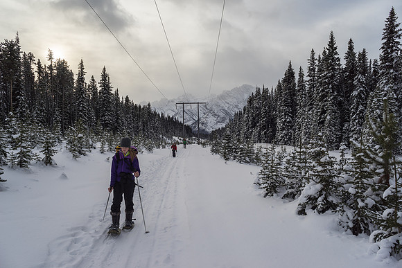 Snowshoeing back towards the Kananaskis Lakes.