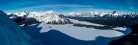 Upper Kananaskis Lake is directly below with Lower in the distance. Mount Indefatigable directly across the Upper Lake.