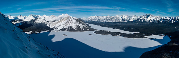 Upper Kananaskis Lake is directly below with Lower in the distance. Mount Indefatigable directly across the Upper Lake.