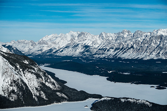 Looking over Lower Kananaskis Lake towards the Opal Range including Packenham, Hood, Brock, Blane and others.