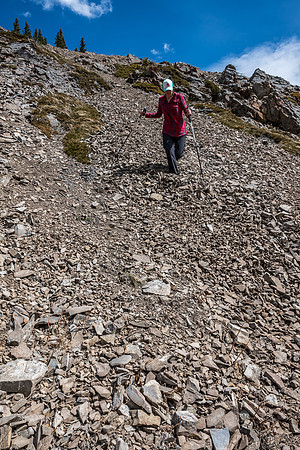 Descending loose scree.