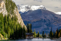 Telephoto of the Lake Agnes Tea House with Ptarmigan Peak rising beyond.