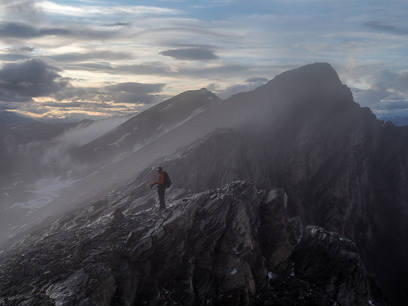 Very dramatic scenery as we continue to navigate the ridge to Fatigue Pass after the storm.