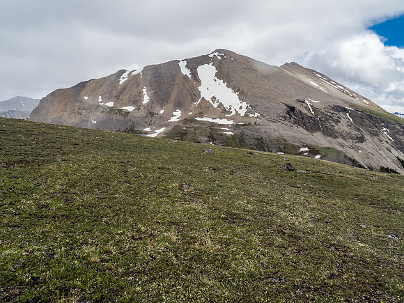 Golden Mountain stretches out from Fatigue Pass. We'll go out of sight to our left before finding an ideal bivy site.