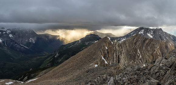 It's a race against darkness as we start the long egress to our bivy. It's much darker then this photo suggests and of course we have a storm approaching.
