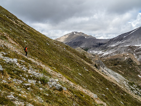 Steep vegetated slopes from the summit with "Little" Fatigue in the background.