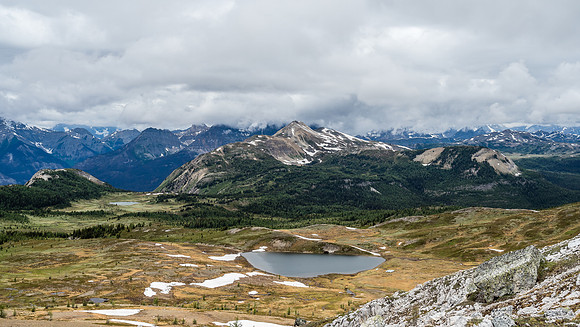 Quartz Hill and Shoulder rise above another unexpected pond. There was fire fighting equipment still lining this pond which was obviously used as a water source for the Verdant Creek wildfire in 2017