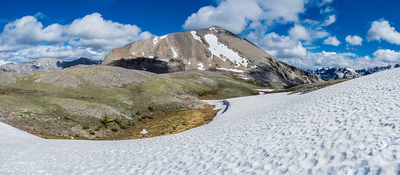 A great view of Fatigue Pass with Golden Mountain's north end and our bivy.