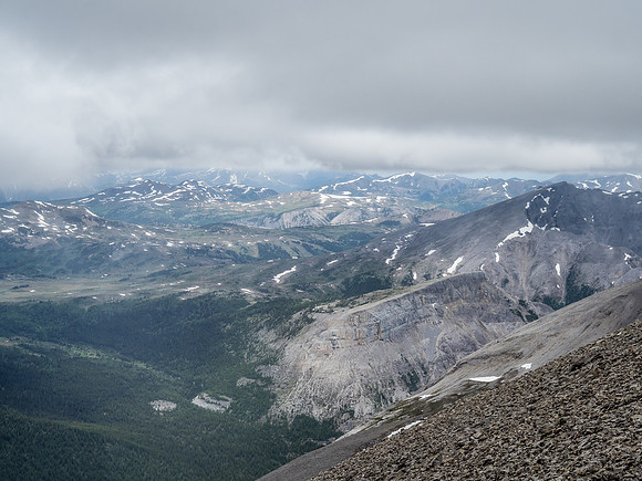 Looking over the Sunshine Meadows and Ski Resort. Brewster Rock at right.