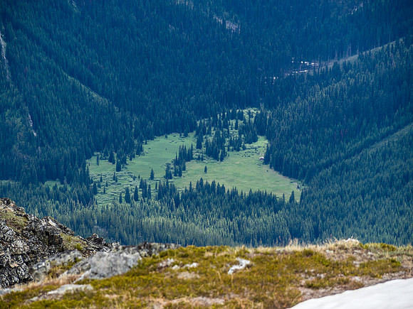 A telephoto into the Policeman's Meadow shows the rustic hunter's cabin on it's western edge.