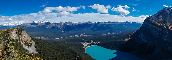 From left to right, Little Beehive, Lake Louise and Mount Fairview with Skoki peaks in the distance.