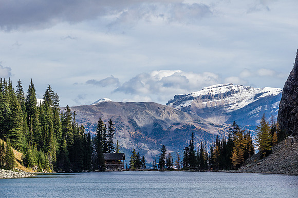 Telephoto of the tea house with Redoubt Mountain beyond.