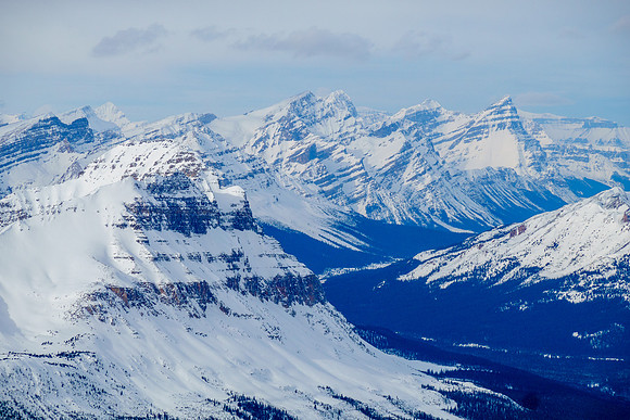 Distant views over Bow Peak to Patterson, White Pyramid and Mount Chephren.