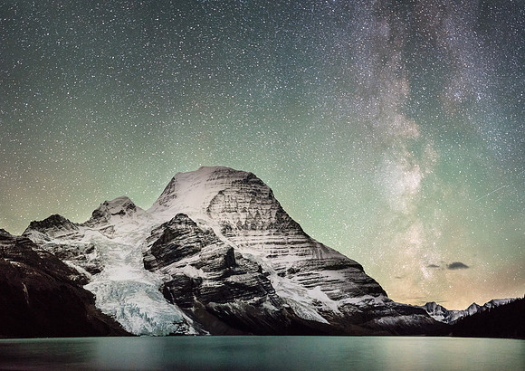 Waffl, Helmet, the Berg Glacier and Mount Robson with the Milky way above.
