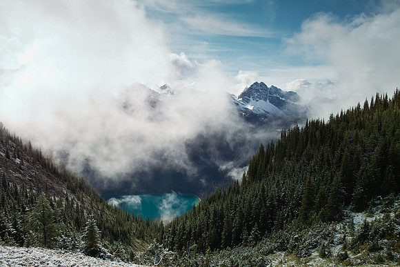The clouds part briefly to let us see Marvel Lake.