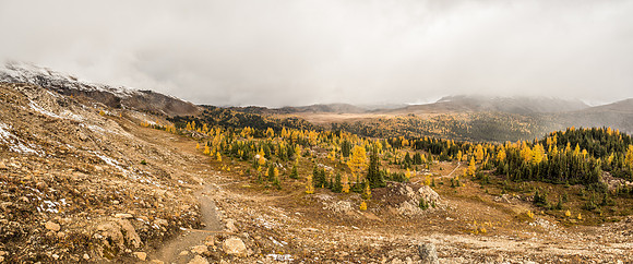 The clouds rolled in and out as I crossed the meadows. This is looking back towards the ski resort which is now pretty much out of sight.