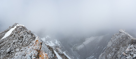 Limited views looking north from the summit ridge. The summit at left here.