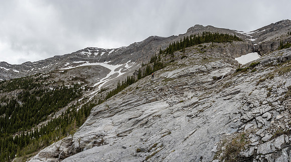 Kev ascends slabby terrain beneath the tree island. The summit is out of sight at center here.