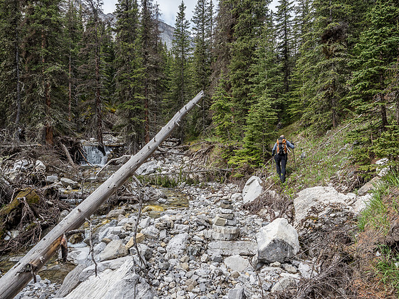 A big cairn tells us to stay north of the creek - not that it looks inviting to go left here anyway.