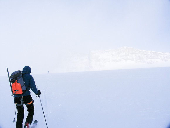 Skiing down from Mount Gordon in a near-whiteout.