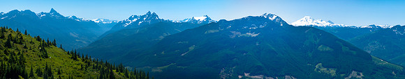 Summit panorama - from right to left we have Baker, McGuire, Tomihoi, Border Peaks and Slesse (R to L).
