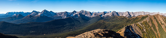 The second summit at far right. Peaks include (L to R), MacLaren, Strachan, Muir, McPhail, Horned, Bishop, Loomis and Odlum.