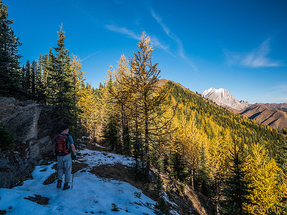 The terrain eases off as we start the traverse to the first summit - Mist Mountain at right with snow.