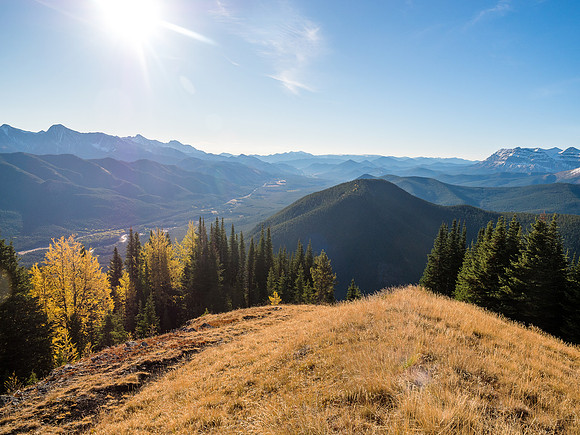 Looking back down our approach from a less-angled section of the ridge. They're hard to see against the morning glare but at left lie Patterson's Peak, Serendipity, Head and Holy Cross.