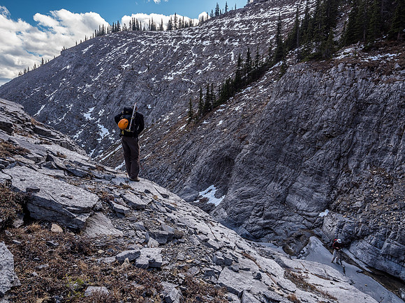 Dropping back into Claw Creek. The slope at distant left is the one that we will use to bypass the canyon waterfall crux.