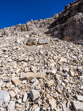 Looking up the scree ramp breaking the summit block.