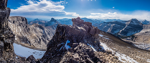 Looking back at the south ridge as we traverse towards the summit block. Devil's Head at left and Poltergeist at right.