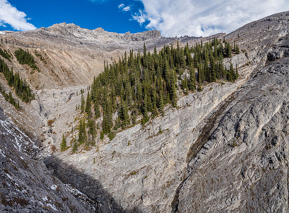 Looking back over the crux section of canyon with Devil's Head visible at distant right. Castle Rock is out of sight at center here.