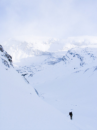 Steep slopes at the top of Bow Canyon going up the headwall below the Bow Hut.