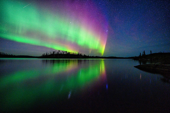 Aurora borealis (northern lights) over Colin Lake.