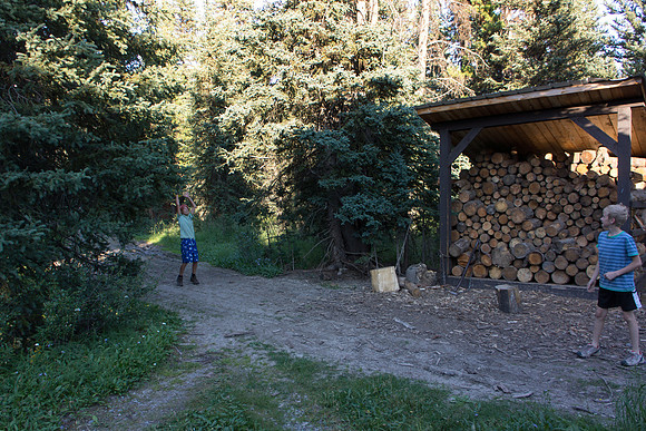 Playing outside the cabin. The firewood is shared with the campground that's at the lower Elk Lake.