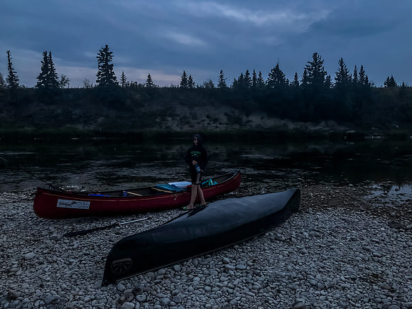 We set up camp in growing darkness. Note that my canoe was tied to some rocks as I never trust it untied - it's so light.