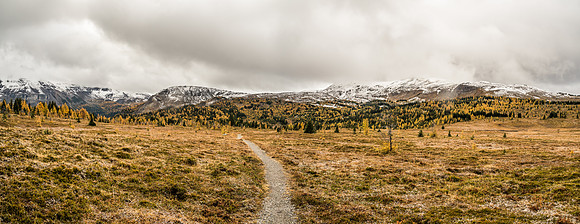 Looking across the meadows. The route eventually climbs the shoulder directly above the foreground trail that comes off of Quartz Hill which is buried in clouds at right.