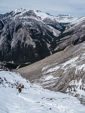 Trying to avoid the slick slab that's hiding under the fresh snow as we descend to the choke.