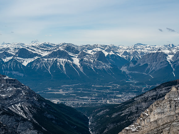 Looking over the mountain town of Canmore towards familiar and popular peaks such as EEOR, Ha Ling and Lawrence Grassi.