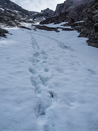 Looking up old steps towards the steep terrain around the choke. It's much further than it appears at this point.