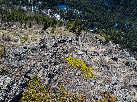 Looking down the south ridge. Hikers might find some of the terrain on E-B a bit steep and loose for their liking.