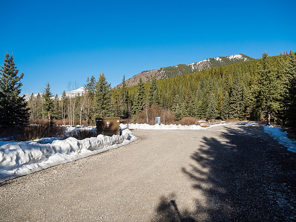 The campground is still closed this early in the season. E-B Ridge rises in the distance looking pretty snowy up top.