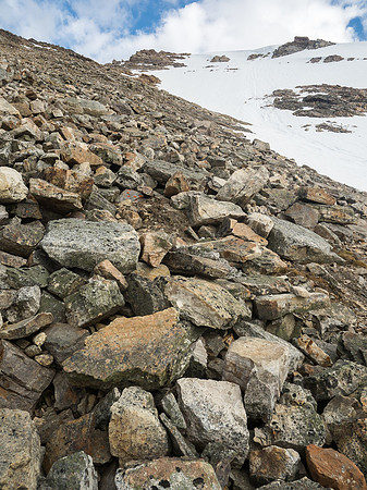 The rubble never seems to end! We stuck to the left of the snow patches and had a direct line to the summit from here.