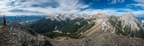 Our route visible in front of us from right of center over Bridge Peak and then left around the distant peaks before exiting Two O'Clock Ridge.